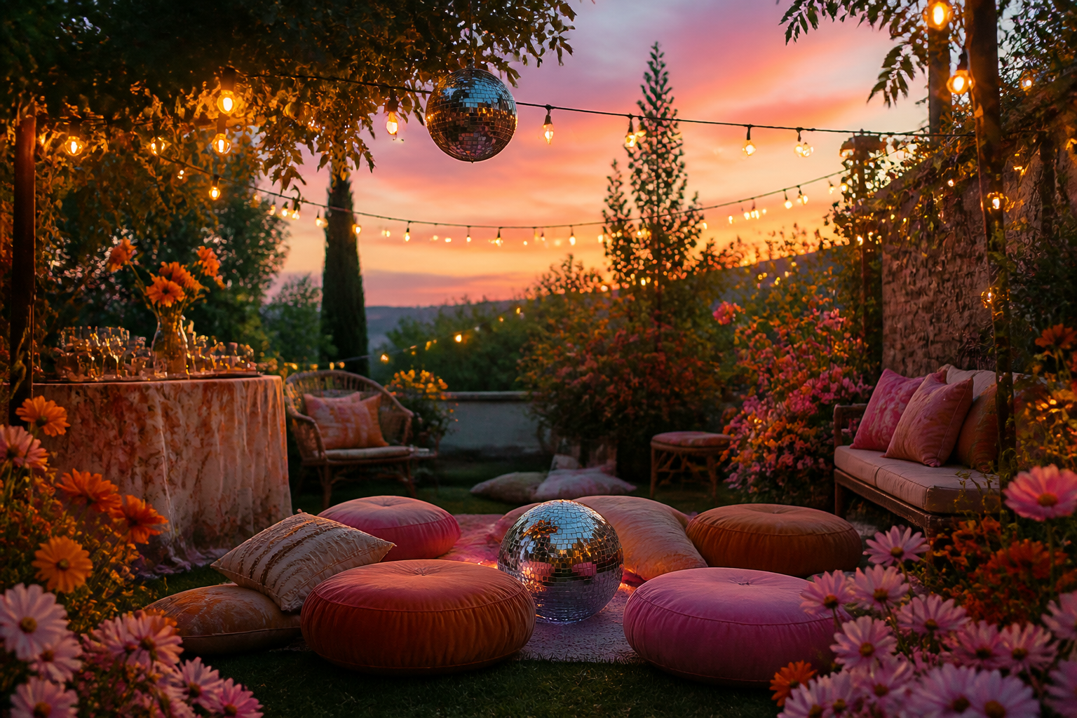 An outdoor evening celebration with lights, flowers and cushions